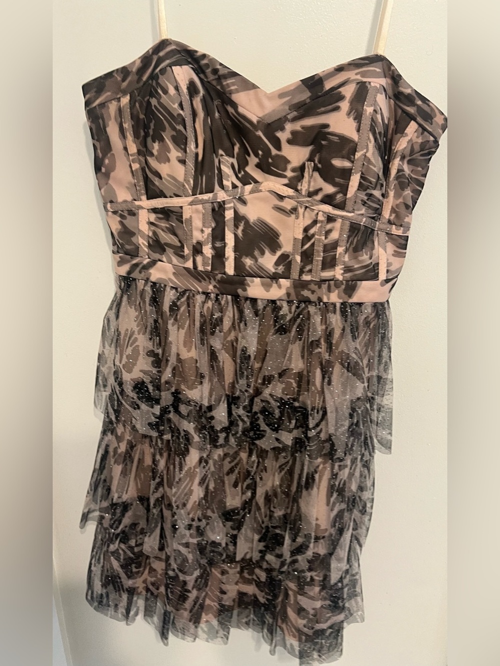 Adrianna Papell Nude and Black Strapless Tulle Dress